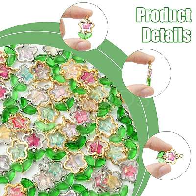 70Pcs 2 Styles 7 Colors Flower Brass Glass Pendants PALLOY-FS00057-1