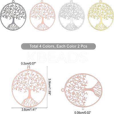 8Pcs 4 Colors Filigree Tree of Life Brass Pendants KK-NB0002-56-1
