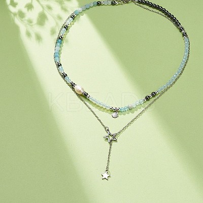 2Pcs 2 Style 304 Stainless Steel Shell & Star Charms Lariat Necklaces Set with Natural Pearl NJEW-JN03978-1