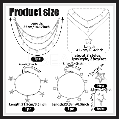 3Pcs Zinc Alloy Star Pendant Layered Necklaces for Women NJEW-GA0001-13-1