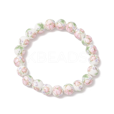 Handmade Flower Printed Porcelain Ceramic Round Beads Stretch Bracelets for Women BJEW-JB12091-02-1