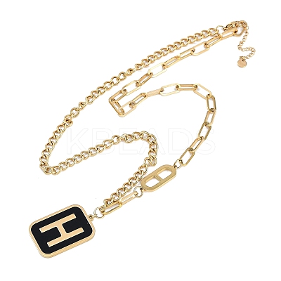 Ion Plating(IP) 304 Stainless Steel Black Enamel H Rectangle Pendant Twisted Chain Necklaces for Women NJEW-M078-01G-1