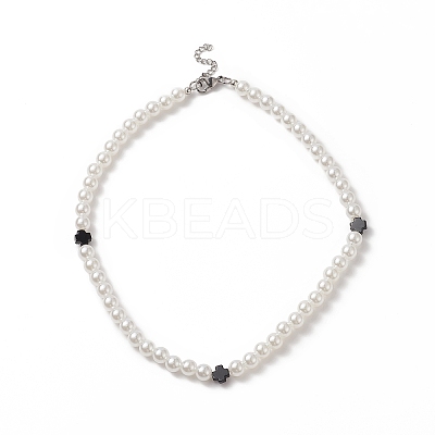 Natural Black Onyx Cross & Acrylic Imitation Pearl Beaded Necklace for Women NJEW-JN04218-1
