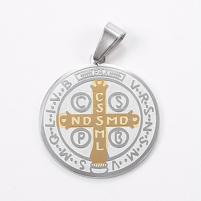 Trendy Necklace Findings Two Tone Flat Round with San Benito 304 Stainless Steel Pendants LS-STAS-L012-A10P-1