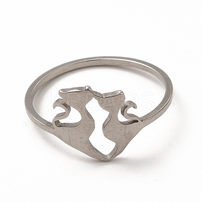 Non-Tarnish 201 Stainless Steel Double Cat Finger Ring for Women LS-RJEW-K239-04P-1