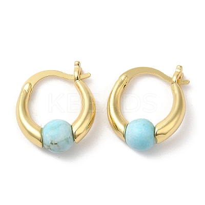 Synthetic Turquoise Round Beaded Hoop Earrings EJEW-A099-03G-03-1
