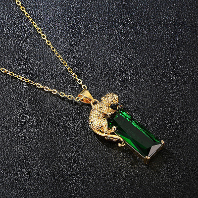 Rectangle with Leopard Alloy Fern Green Rhinestone Pendant Necklaces FS-WG97C8C-01-1