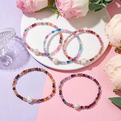 8mm Faceted Round Natural Agate(Dyed & Heated) Beaded Stretch Bracelets BJEW-JB10479-1