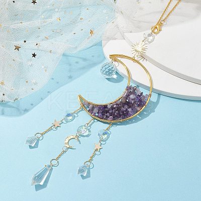 Wire Wrapped Natural Amethyst Chip & Brass Moon Pendant Decorations HJEW-JM01504-02-1