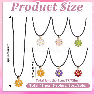 48Pcs 6 Colors Alloy Enamel Flower Pendant Waxed Cord Necklaces NJEW-GO00002-1