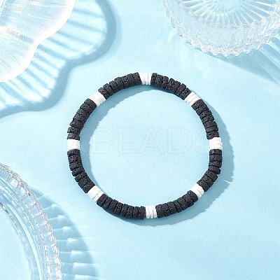 2Pcs 2 Styles Natural Lava Rock & White Shell Flat Round Beads Stretch Bracelets for Men Women BJEW-JB12462-1