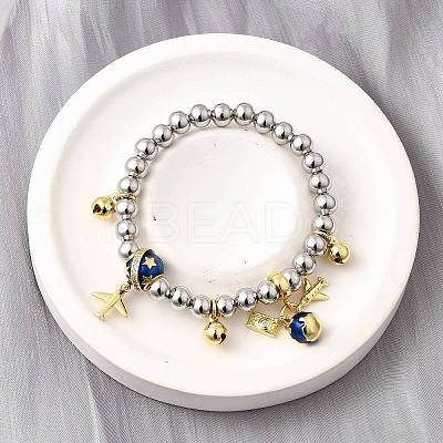 Brass Enamel Round Beads Charm Bracelets for Women BJEW-D317-11B-PG-1