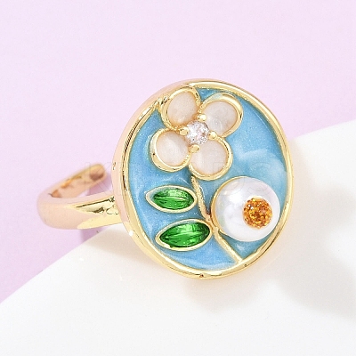Brass Sky Blue Enamel Flower Cuff Rings RJEW-C139-17A-G-1