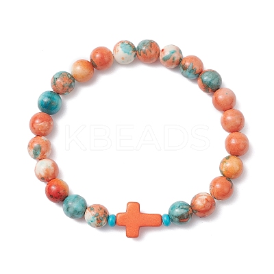 Dyed Synthetic Ocean White Jade & Turquoise Beaded Stretch Bracelets for Men Women BJEW-JB12372-03-1
