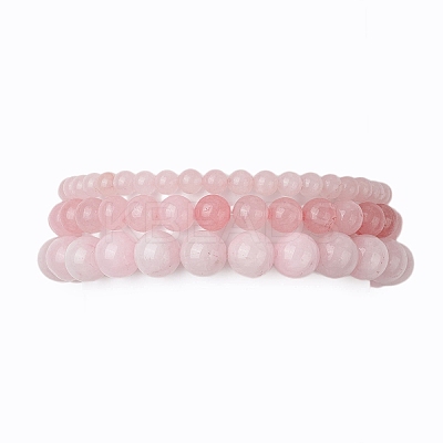 3Pcs Round Natural Rose Quartz Beads Stretch Bracelets BJEW-JB10963-1