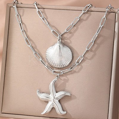 Bohemian Styles 304 Stainless Steel Starfish and Shell Shape Pendant Double Layer Necklaces for Women NJEW-F343-01P-1
