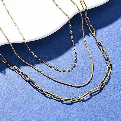 304 Stainless Steel Paperclip Chain 3 Layer Necklaces NJEW-T016-18G-1