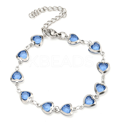 304 Stainless Steel & Glass Heart Link Chain Bracelets for Women BJEW-P334-12P-1