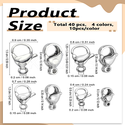 40Pcs 4 Style 304 Stainless Steel Lobster Claw Clasps STAS-LP0005-04-1