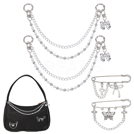 Cross Aluminium Chain & CCB Plastic & Imitated Pearl Acrylic Bead Boot Strap Chains HJEW-OC0001-47-1