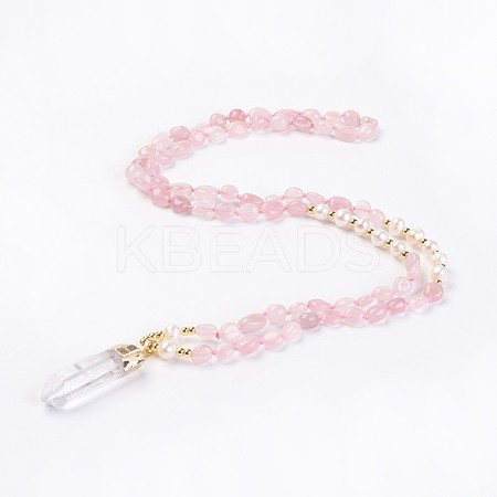 Natural Rose Quartz and Natural Quartz Crystal Pendant Necklaces NJEW-I220-03-1
