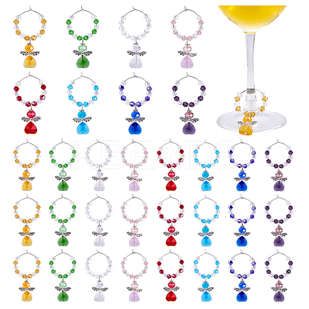 32Pcs 8 Colors Glass Angel Wine Glass Charms AJEW-PH01651-1