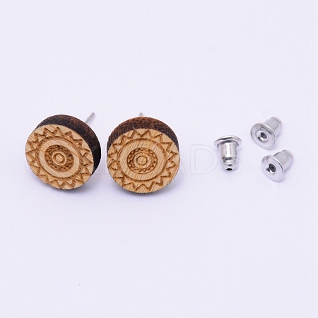 Natural Wood Stud Earrings EJEW-WH0005-03B-1