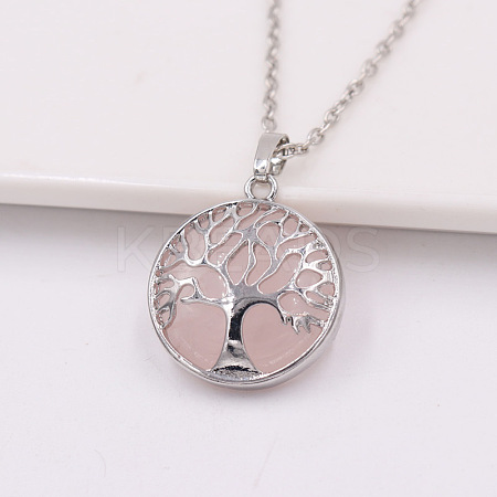 Natural Rose Quartz Alloy Tree of Life Pendant Necklaces for Women Men FS-WG931AE-02-1