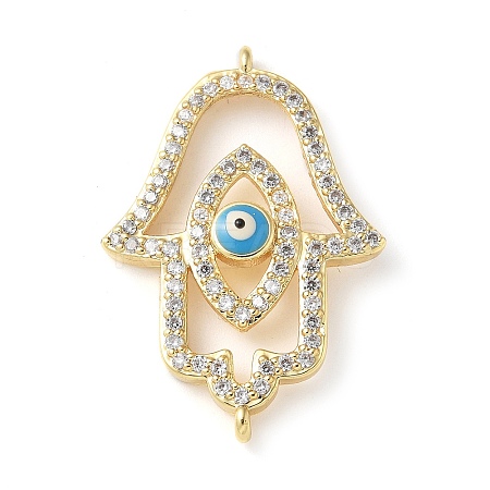 Brass Micro Pave Cleear Cubic Zirconia Evil Eye Hamsa Hand Connector Charms KK-C086-15A-G-1