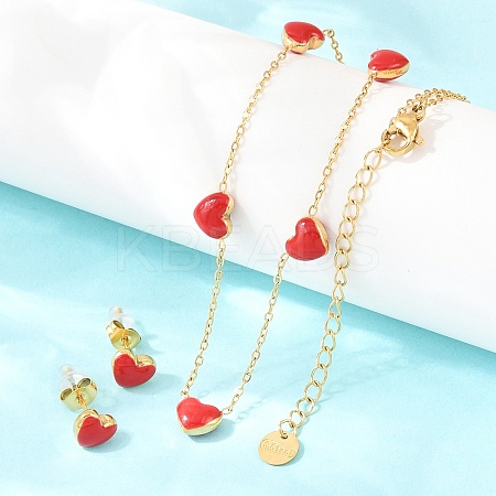 Heart 304 Stainless Steel Enamel Necklaces & Stud Earrings Sets for Women SJEW-K003-03G-1