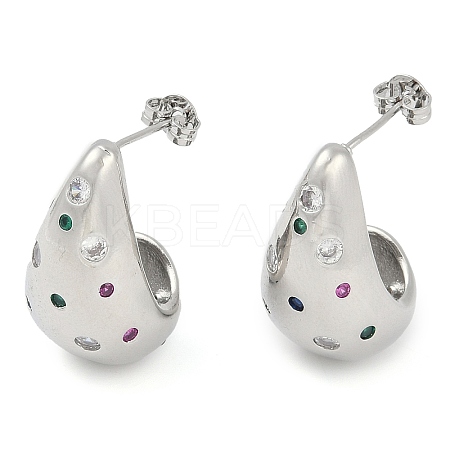 Rack Plating Teardrop Brass Pave Cubic Zirconia Stud Earrings for Women EJEW-Z059-06P-1
