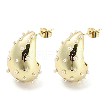 Brass Teardrop Stud Earrings with ABS Imitation Pearl Beaded EJEW-I300-01G-1