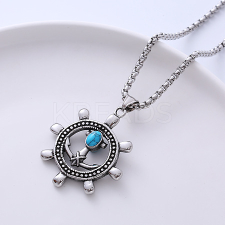 Stylish Stainless Steel Synthetic Turquoise Ship Wheel Pendant Punk Necklaces for Men's Fashion SI8136-1-1