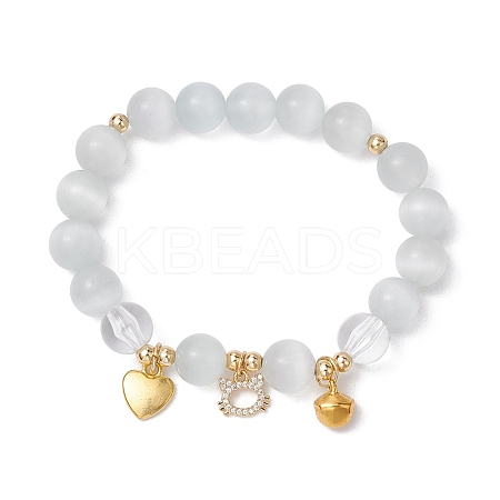Cat & Bell & Heart Brass Charm Bracelets BJEW-JB10484-01-1