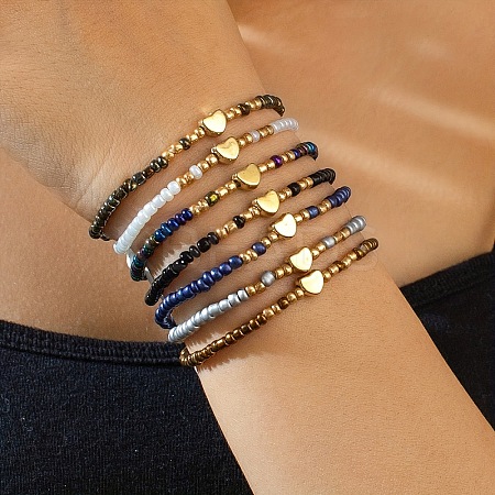 7Pcs CCB Heart & Glass Seed Round Beads Stretch Bracelets FS-WG8F785-02-1