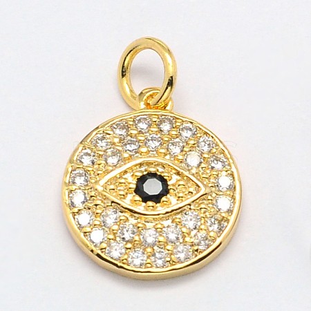 Flat Round with Evil Eye Brass Micro Pave Cubic Zirconia Charms ZIRC-F017-07G-1