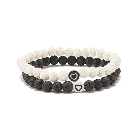2Pcs 2 Style Natural Lava Rock(Dyed) Round Beaded Stretch Bracelets Set with Heart BJEW-JB07579-1