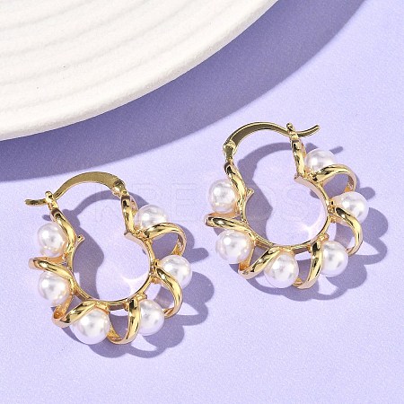 Twist Brass & ABS Plastic Pearl Hoop Earrings EJEW-P336-05G-1