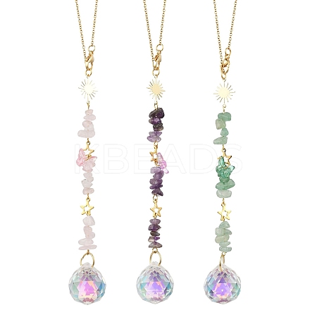3Pcs Round Glass & Natural Amethyst & Rose Quartz & Green Aventurine Chips Hanging Suncatchers HJEW-JM04209-1