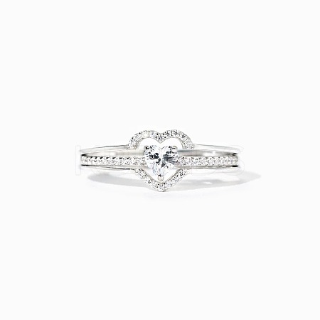 2Pcs Heart 925 Sterling Silver Micro Pave Clear Cubic Zirconia Finger Rings for Women FS-WG4005F-01-1
