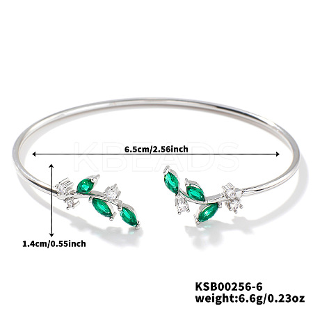 Elegant Brass Cubic Zirconia Leaf Cuff Bangles for Women VL7639-6-1