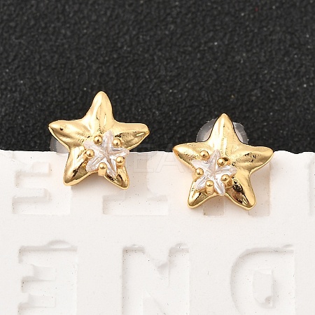 Brass Micro Pave Clear Cubic Zirconia Star Stud Earrings EJEW-C158-09G-1
