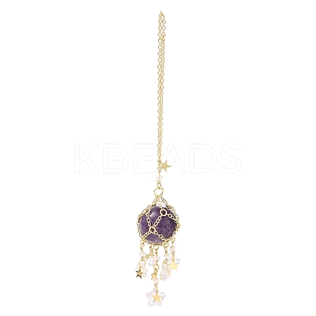 Natural Amethyst with Rack Plating Brass Pendants Decorations AJEW-B023-01G-05-1