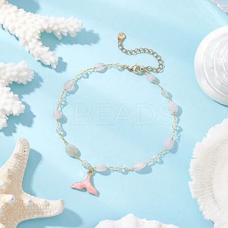 Brass Handmade Natural Morganite Nuggets Link Chain Alloy Enamel Whale Tail Pendant Anklets for Women AJEW-AN00709-01-1