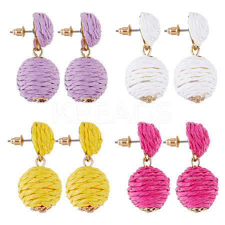 4 Pairs 4 Colors Raffia Grass Braided Round Dangle Stud Earrings with Iron Pins for Women EJEW-FI0002-27-1