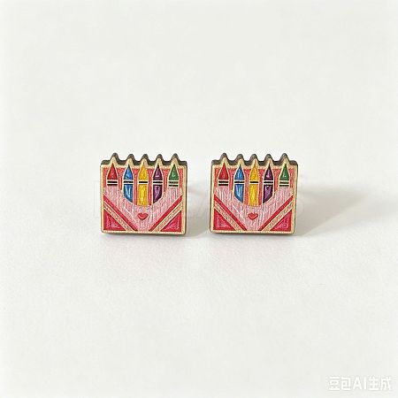 Back to School Printed Wood Stud Earrings for Women WGA6698-01-1