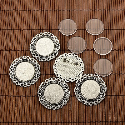 25mm Transparent Glass Cabochons and Flat Round Tibetan Style Brooch Cabochon Settings DIY-X0188-AS-NR-1