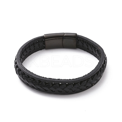 Black Leather Braided Cord Bracelet with 304 Stainless Steel Magnetic Clasps BJEW-P275-19-1