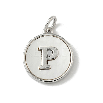 Brass Pave Natural Shell Flat Round with Letter Charms KK-Z115-13P-P-1