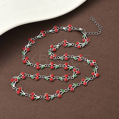 304 Stainless Steel Enamel Red Cherry Link Chain Necklaces for Women NJEW-K249-23G-1